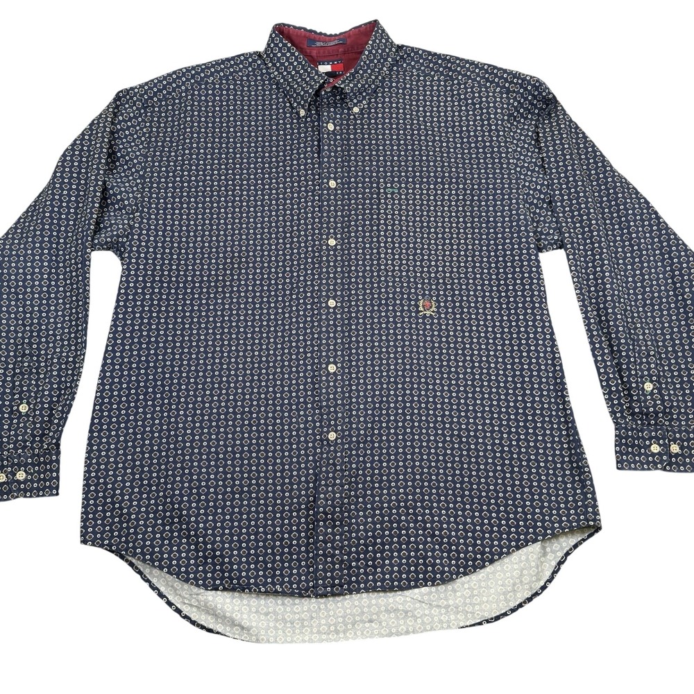 Vintage Y2K Tommy Hilfiger Mens XL Cotton Navy Blue Geometric Button Down Shirt - Picture 2 of 7